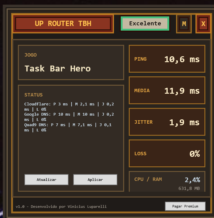 Tela do UpRouter TBH depois da melhoria, com ping de 10,6 ms